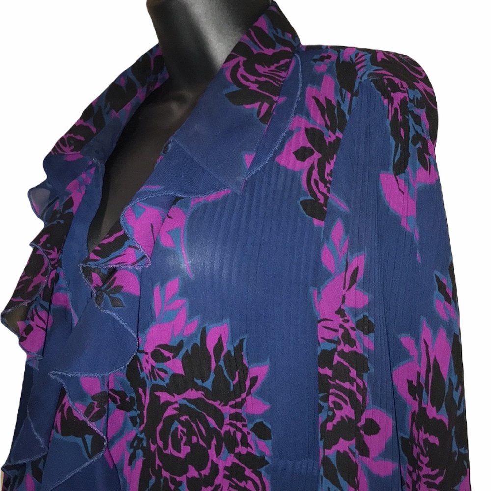 Lane Bryant Sheer Crinkle Ruffle Blouse/Top~18/20~Pink/Black Rose Pattnern